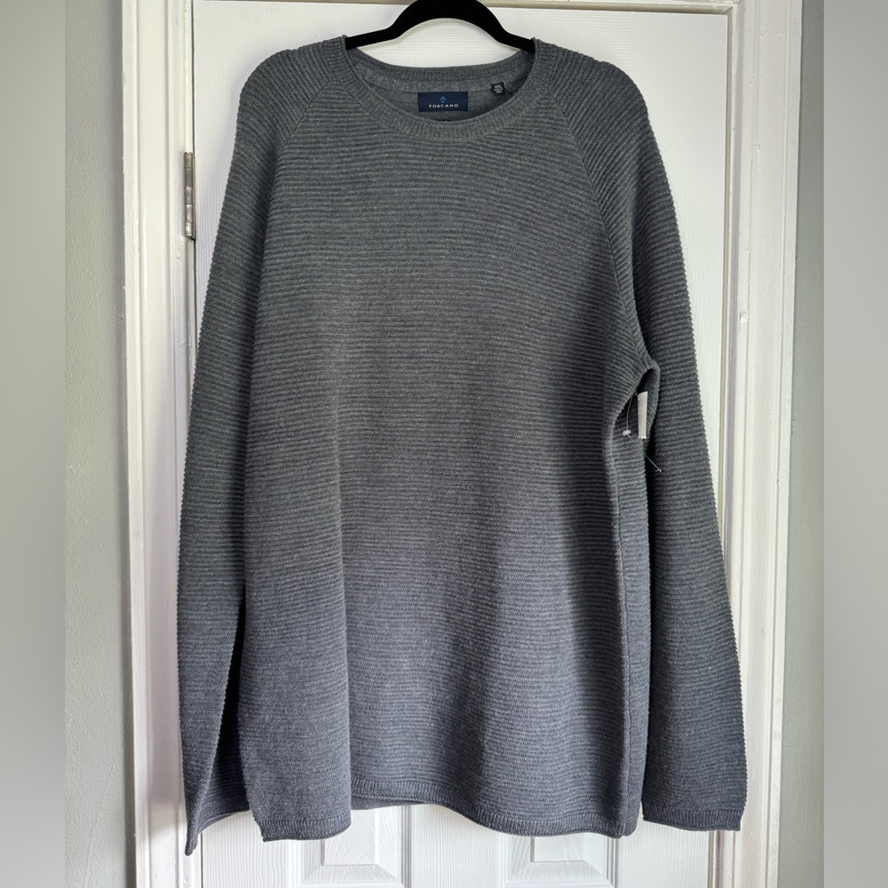 Toscano Men's Gray Crewneck Merino Wool Blend Ribbed Sweater